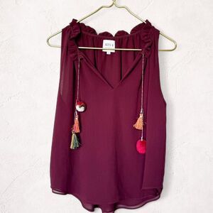 MISA Los Angeles Tassel Blouse Small Burgundy Boho Luxe Top